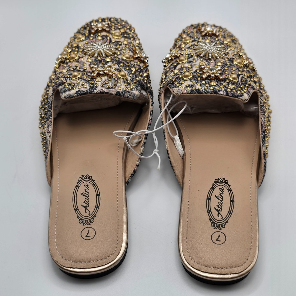 Ambla Embellished Paisley Mule Flats Women's Size 7 Gold Studded Slip-On Loafers - Picture 2 of 7